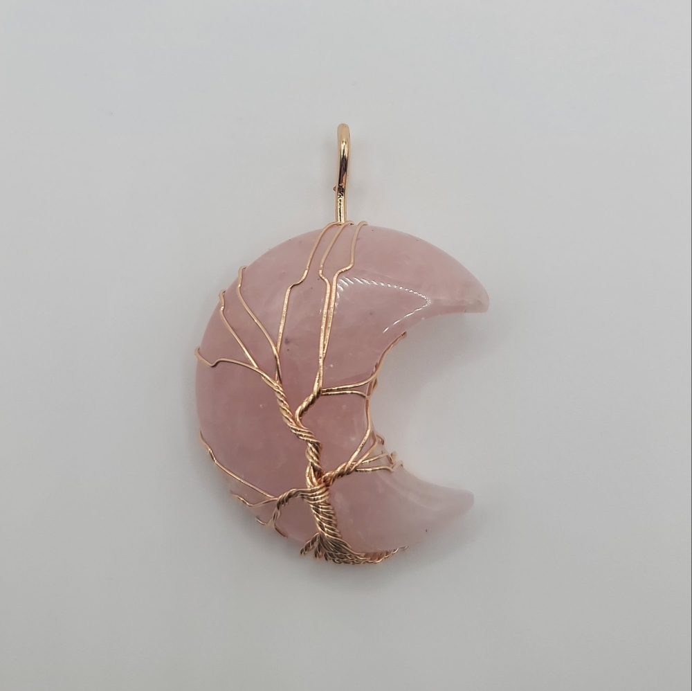 Rose Quartz Tree of Life Moon Necklace Pendant